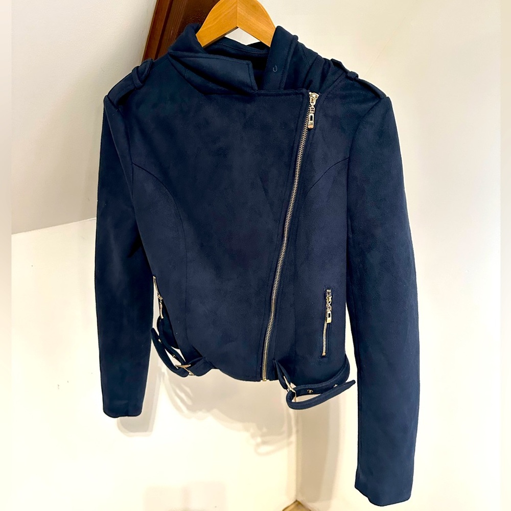 Faux suede navy motorcycle jacket size M